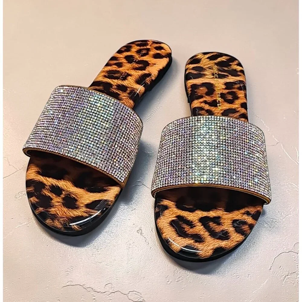 Leopard Print Slides With Rhinestone Straps Stylish Womens Sandals